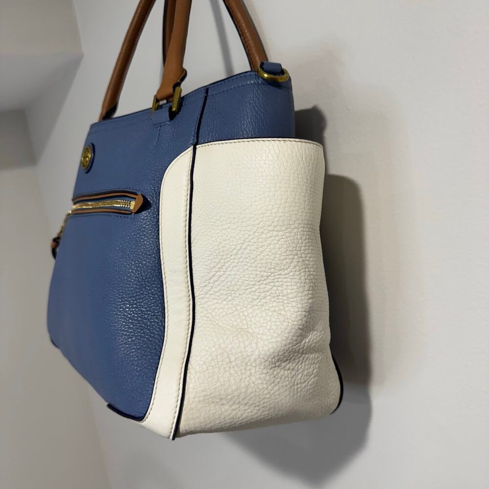 Tory Burch Frances Satchel Pebbled Leather Blue White Brown Colorblock Tote - Picture 5 of 13